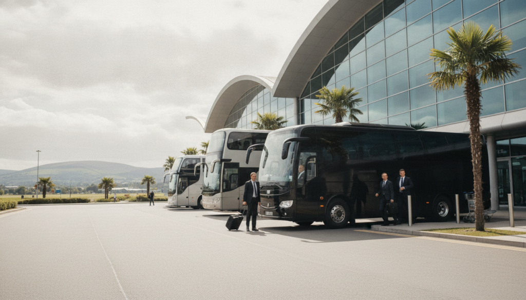 Belfast Business Travel: A Guide to Stress-Free Group Coach Hire. — executive coach meeting a group at Belfast Airport