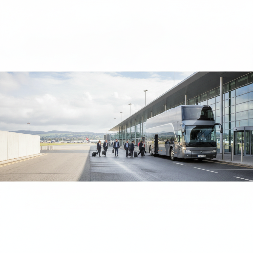 Executive Coach Hire for Belfast Conferences and Conventions. — executive coach meeting a group at Belfast Airport