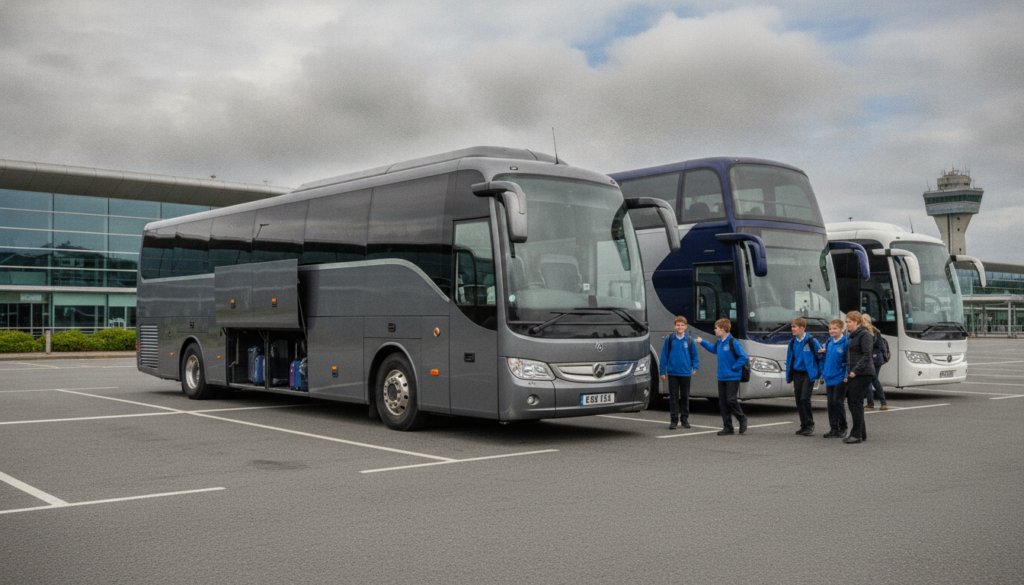 Safe & Educational: Essential Coach Travel for School Trips to Belfast. — executive coach meeting a group at Belfast Airport